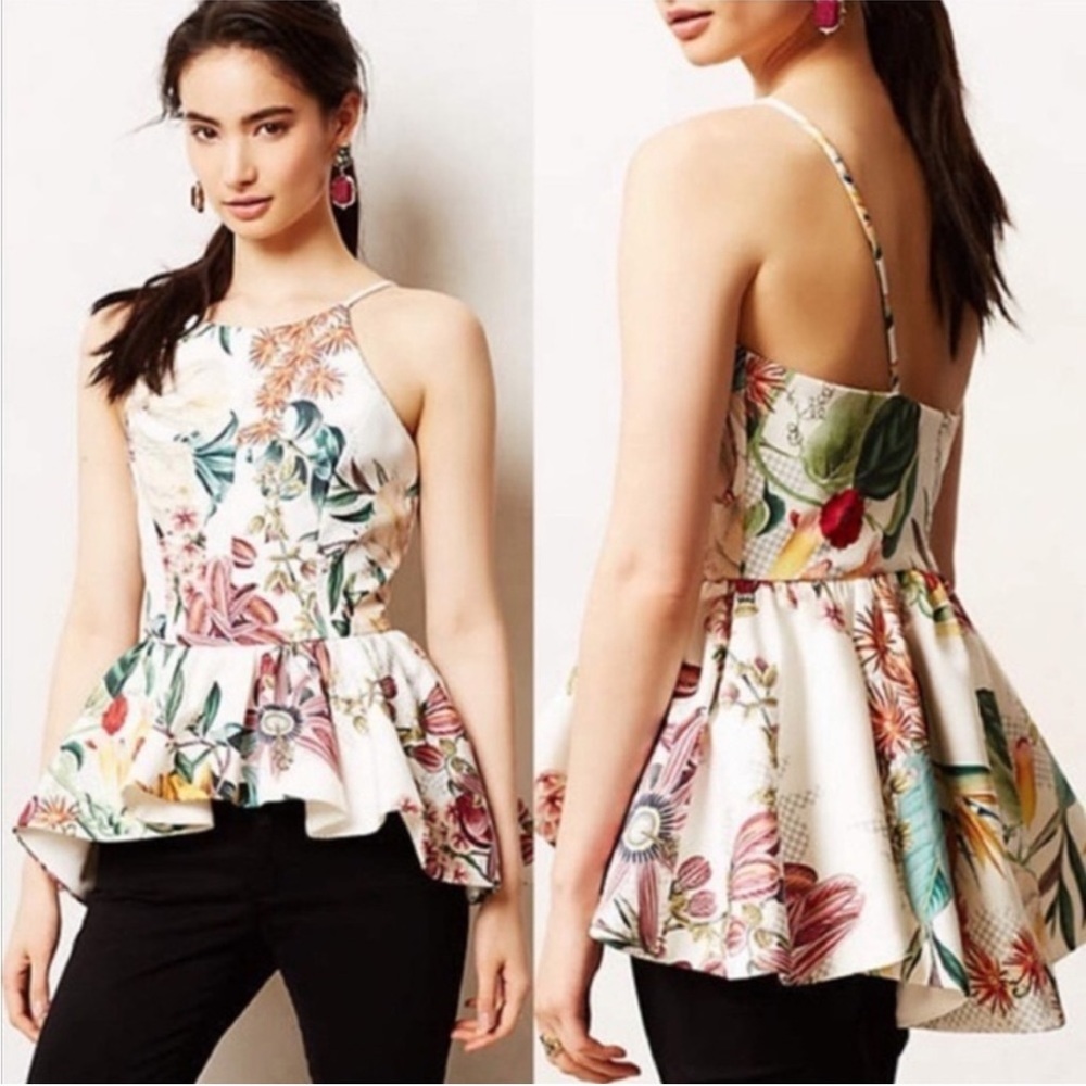 Anthropologie White Floral Halter Peplum Top